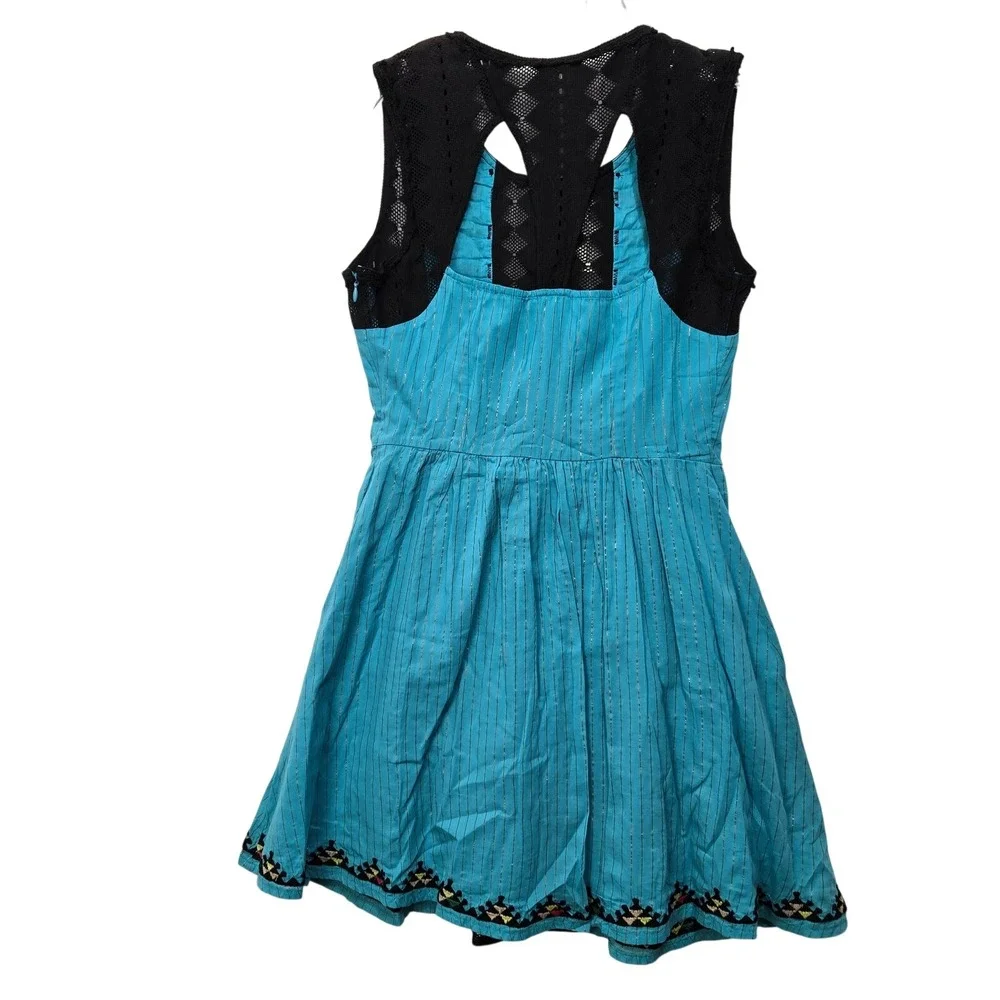 Free People Mini Dress Size 4 Turquoise Blue‎ Boho Embroidered NWT #973